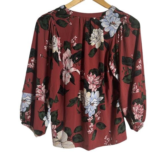 Banana Republic Red Floral Print 3/4 Long Sleeve Split V-Neck Popover Blouse XS - Picture 8 of 9